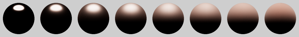 Figure 6: Lit spheres, with roughness $\in [\frac{1}{8}, \frac{2}{8}, \ldots 1]$ (left halves: with $\Ems$, right halves: Heitz).